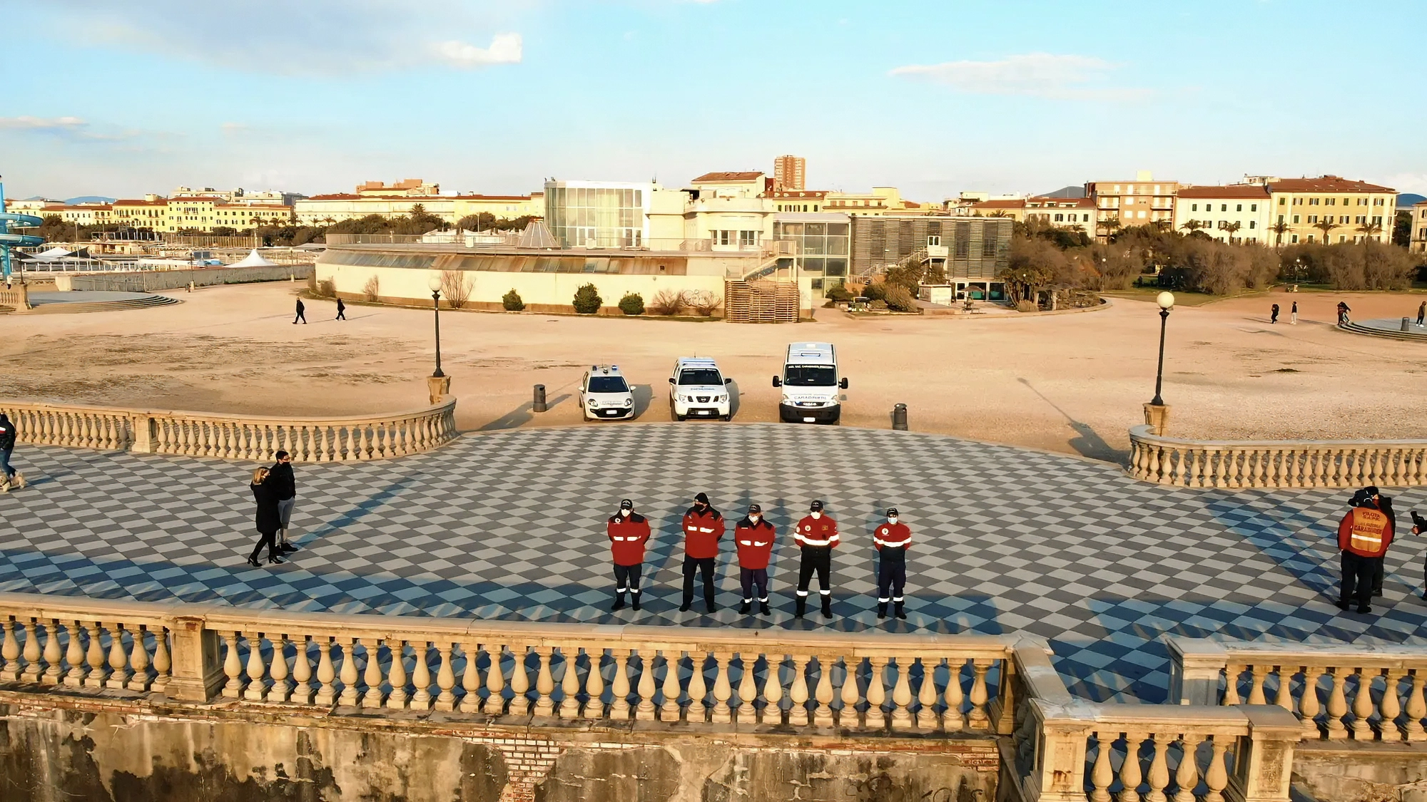 Drone video frame of Terrazza Mascagni in Livorno during the Covid-19 emergency, captured for ANC Livorno by Memento Agency – promotional footage