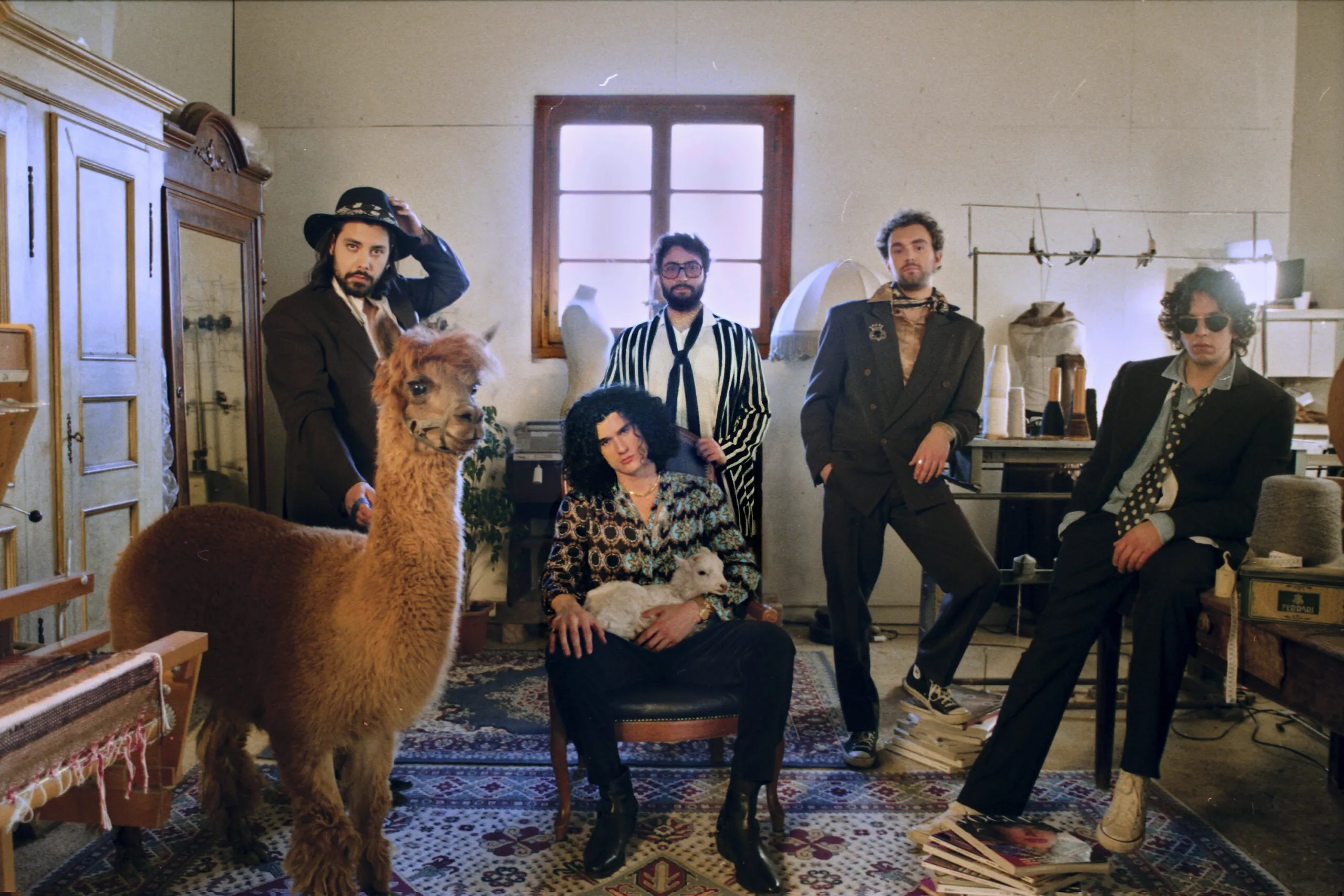 Group photo of La Monarchia posing with a llama – band portrait with animal companion