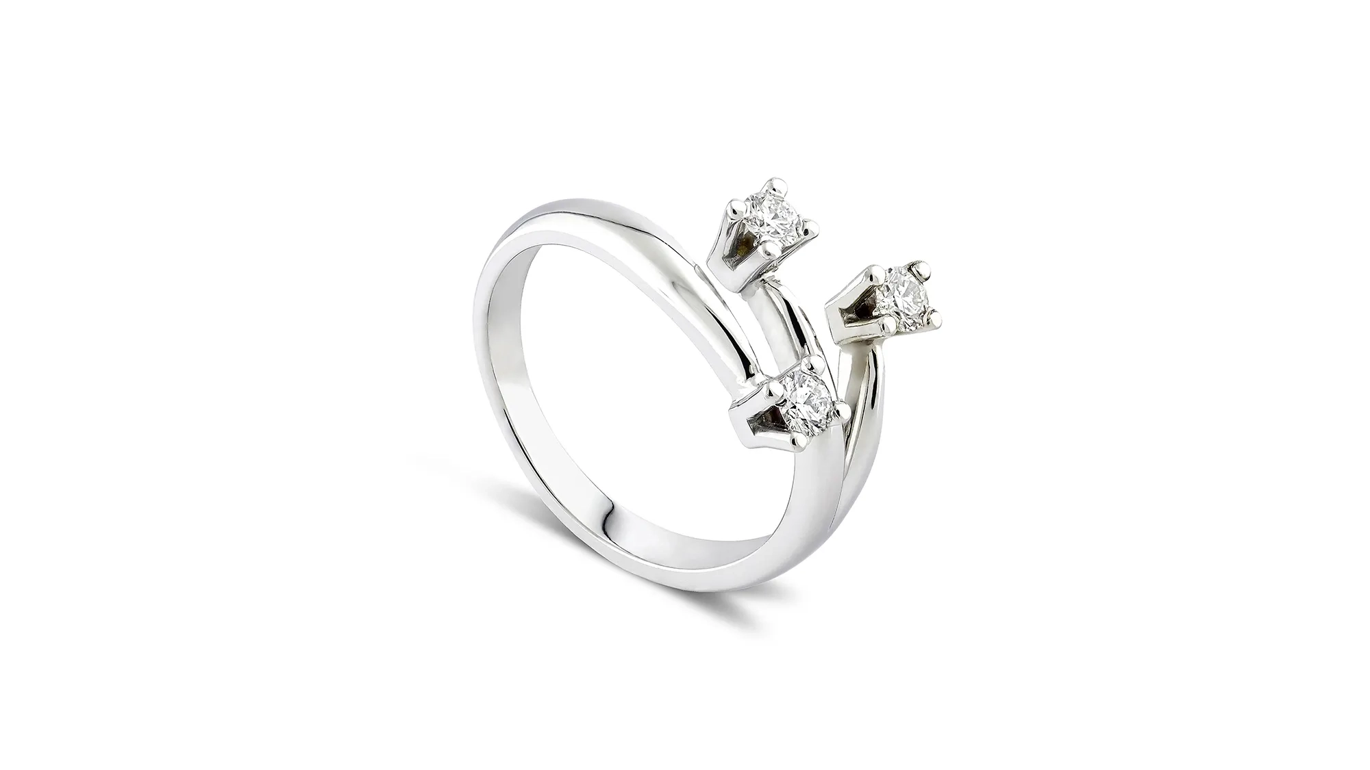 Catalog still life photo of a three-diamond ring on white background – professional jewelry product photography