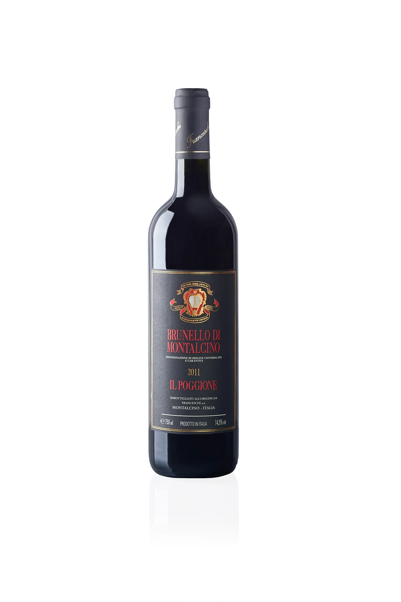 Commercial still life photo of Brunello di Montalcino wine bottle from Il Poggione on white background – elegant Tuscan wine product photography
