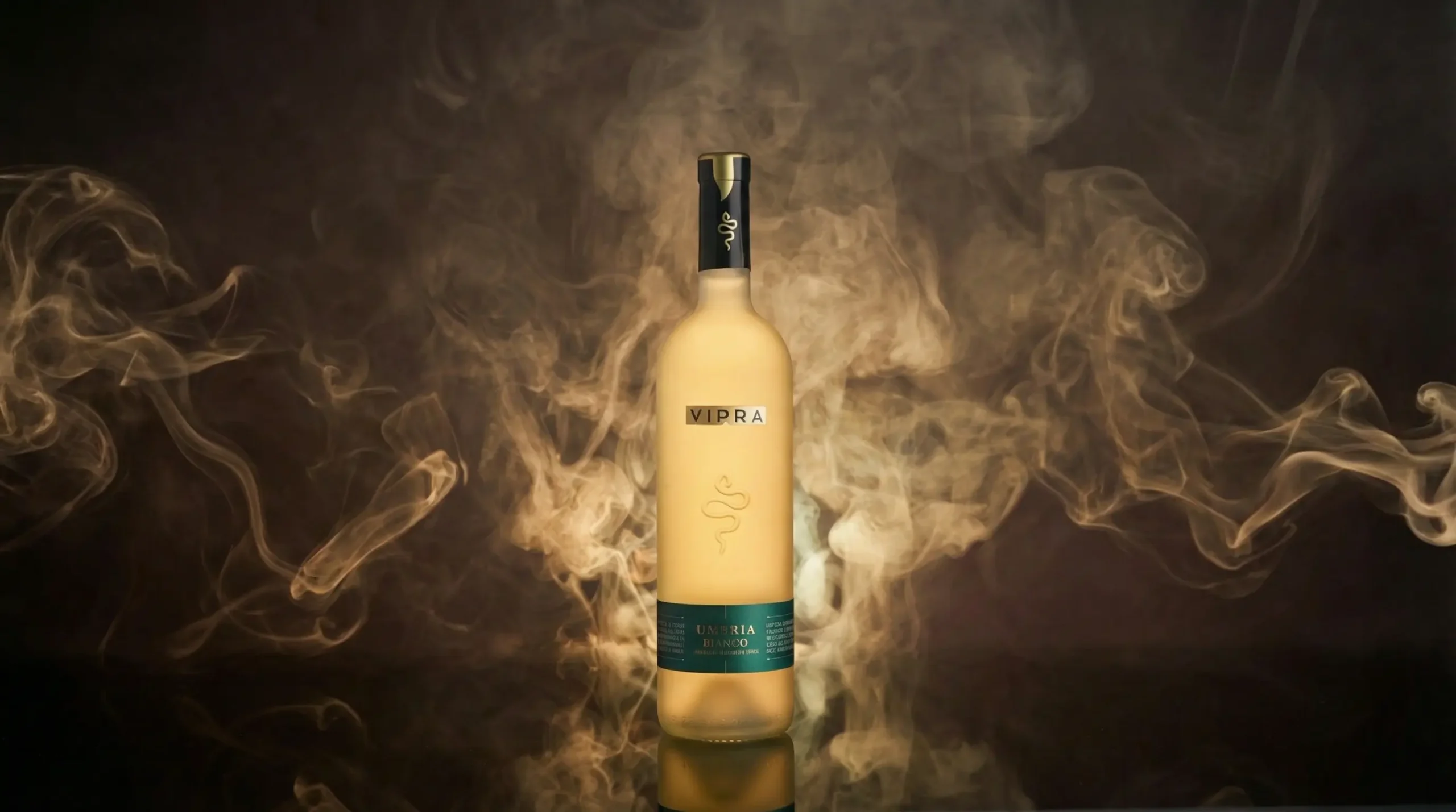 Ambient still life photo of Vipra wine bottle with smoke and backlighting – luxury wine photography