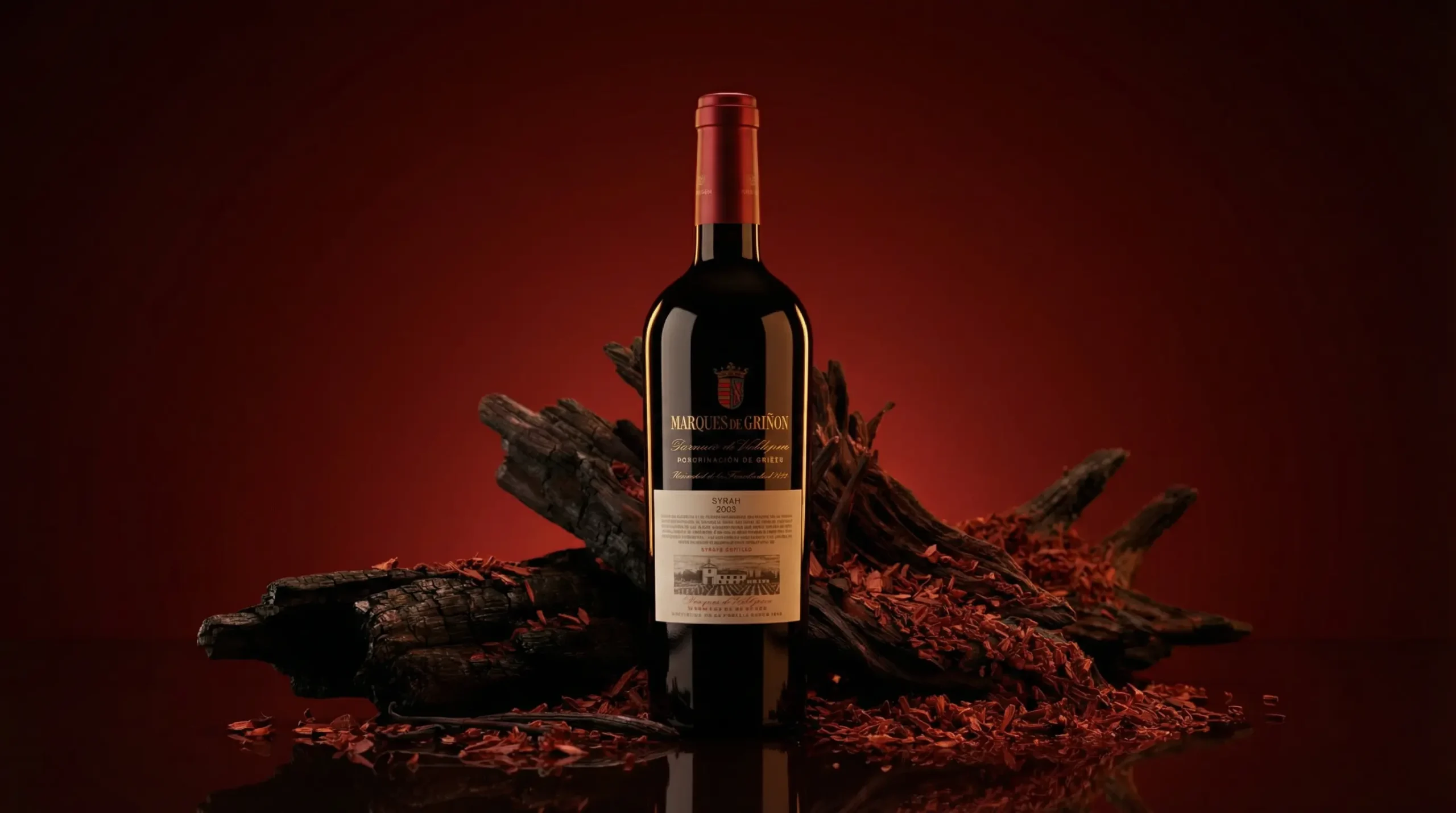 Ambient still life photo of Syrah wine bottle from Marques de Grinon – elegant Spanish wine product photography