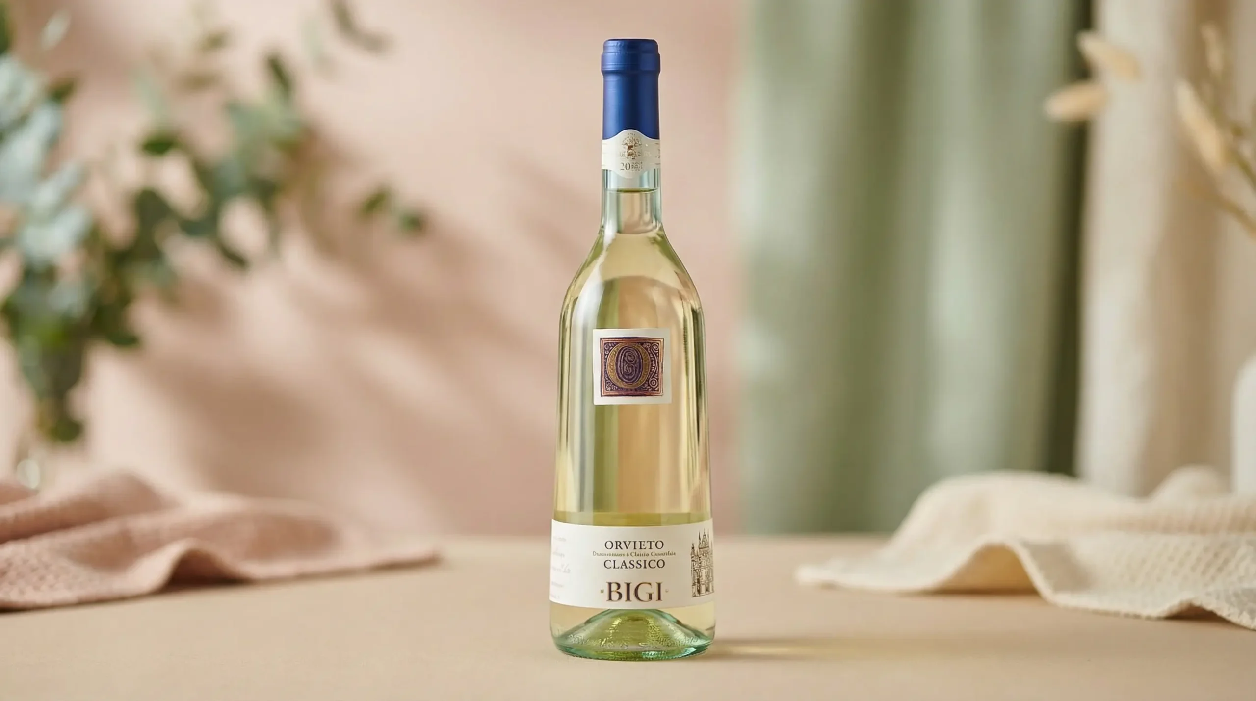 Ambient still life photo of Orvieto Classico wine bottle from Bigi – elegant Italian wine product photography