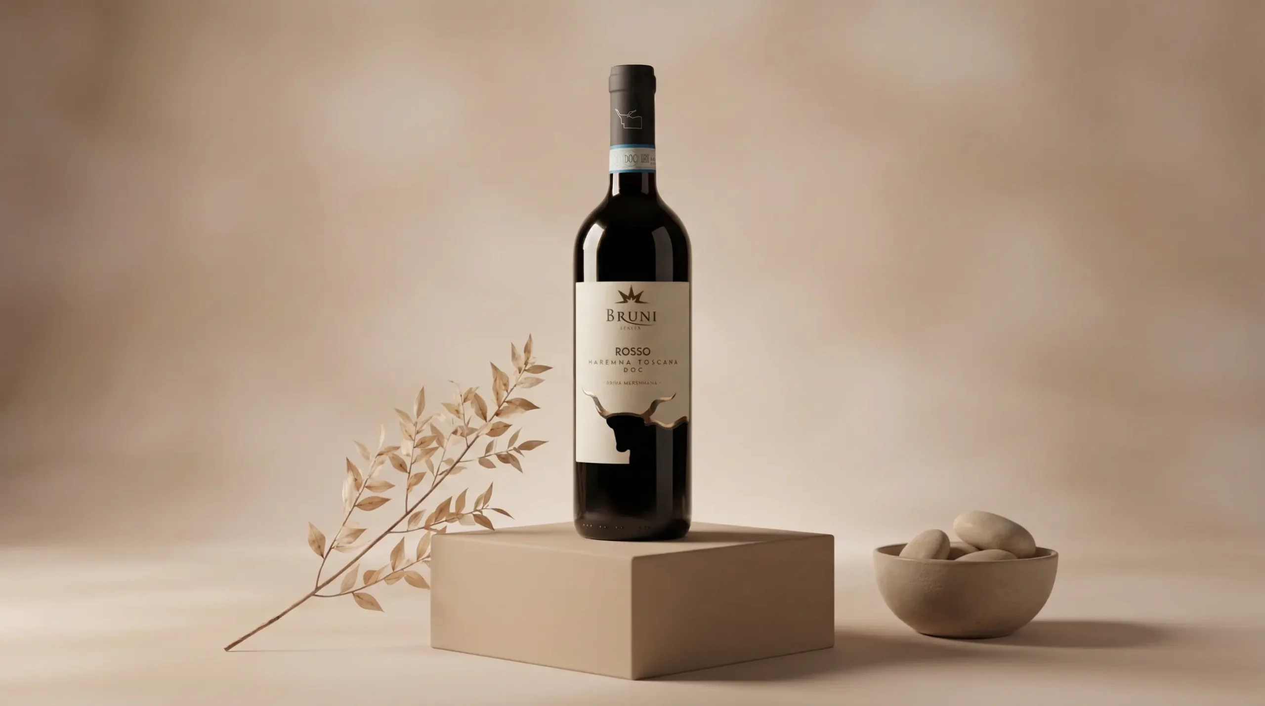 Ambient still life photo of Maremma Toscana DOC wine bottle from Cantina Bruni – elegant Tuscan wine photography