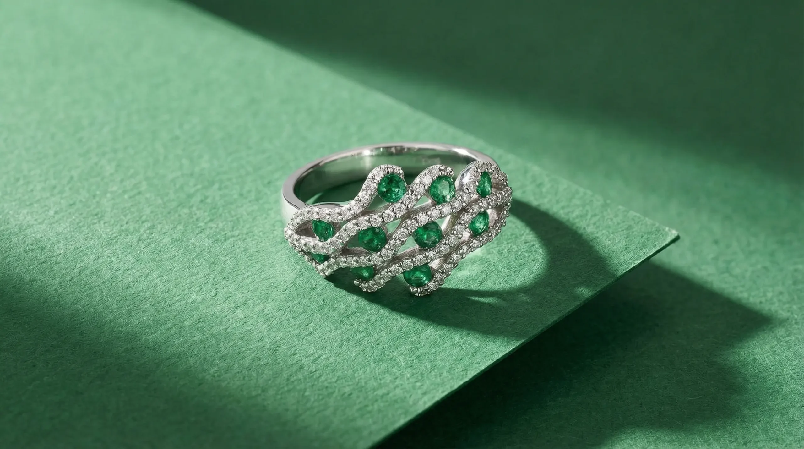 Ambient still life photo of Gioielleria Italiana diamond and emerald ring on textured green background, handcrafted jewelry