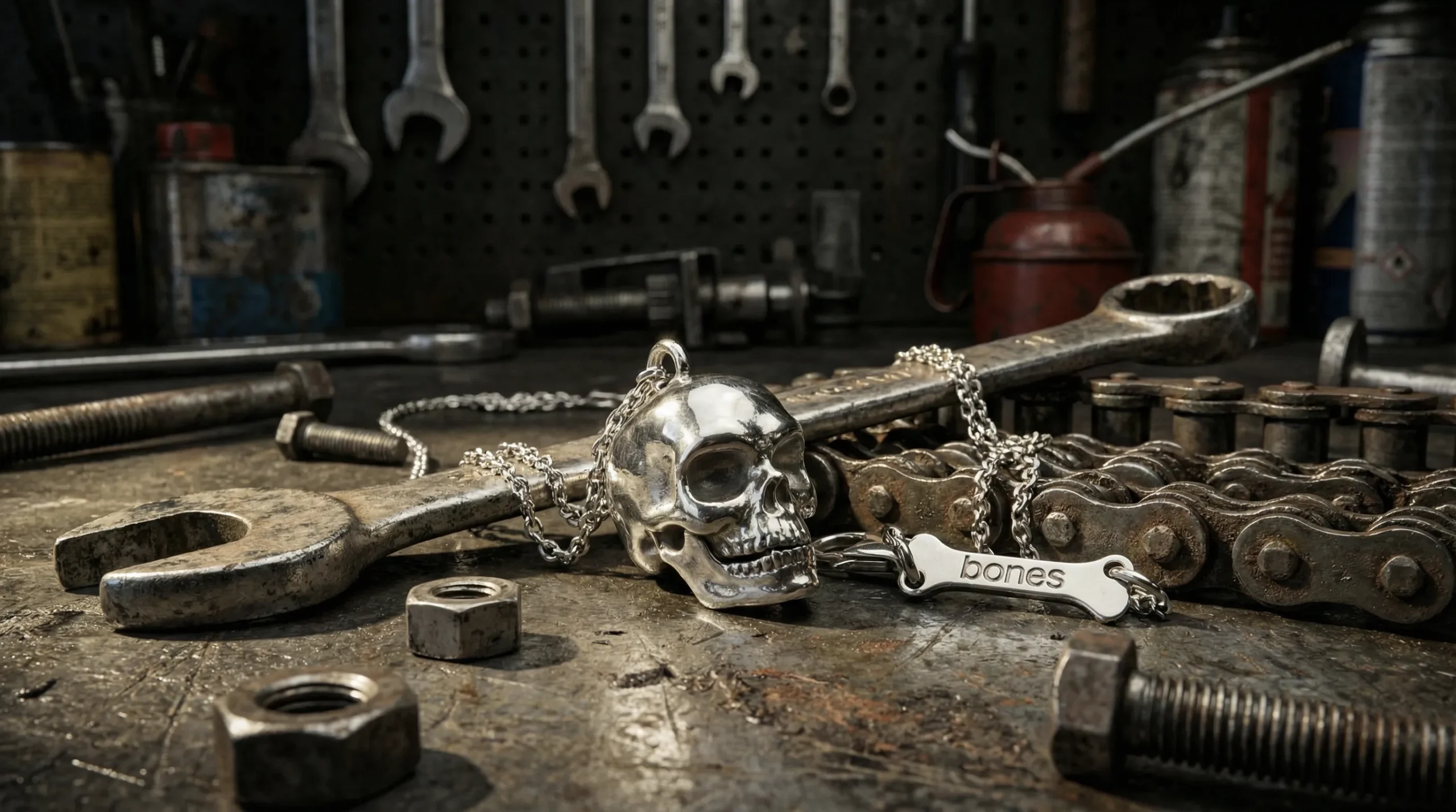 Ambient product photo of Bones Firenze skull pendant in motorcycle workshop, showcasing handcrafted jewelry